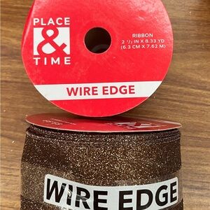 Place & Time Brown Glitter Wire Edge Ribbon